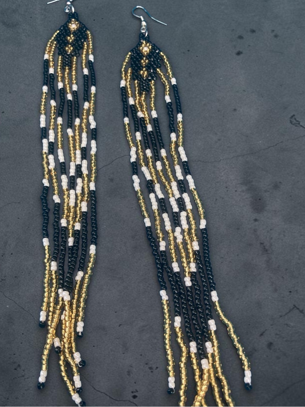 Beaded Fringe Drop Earrings - Black, Gold & White